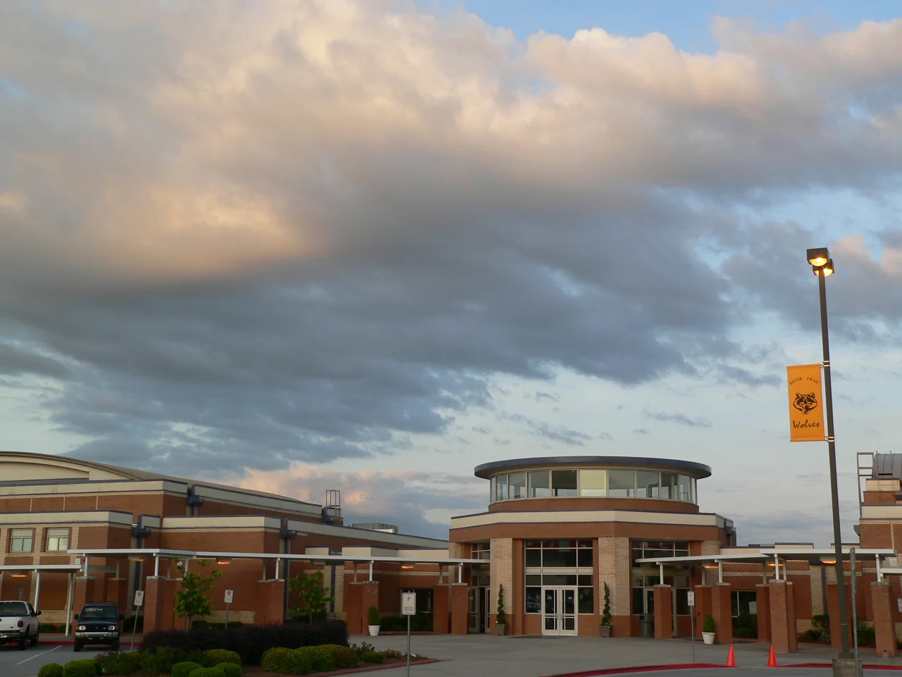 The front entrance of River Trail Middle School on Rogers Circle in Johns Creek