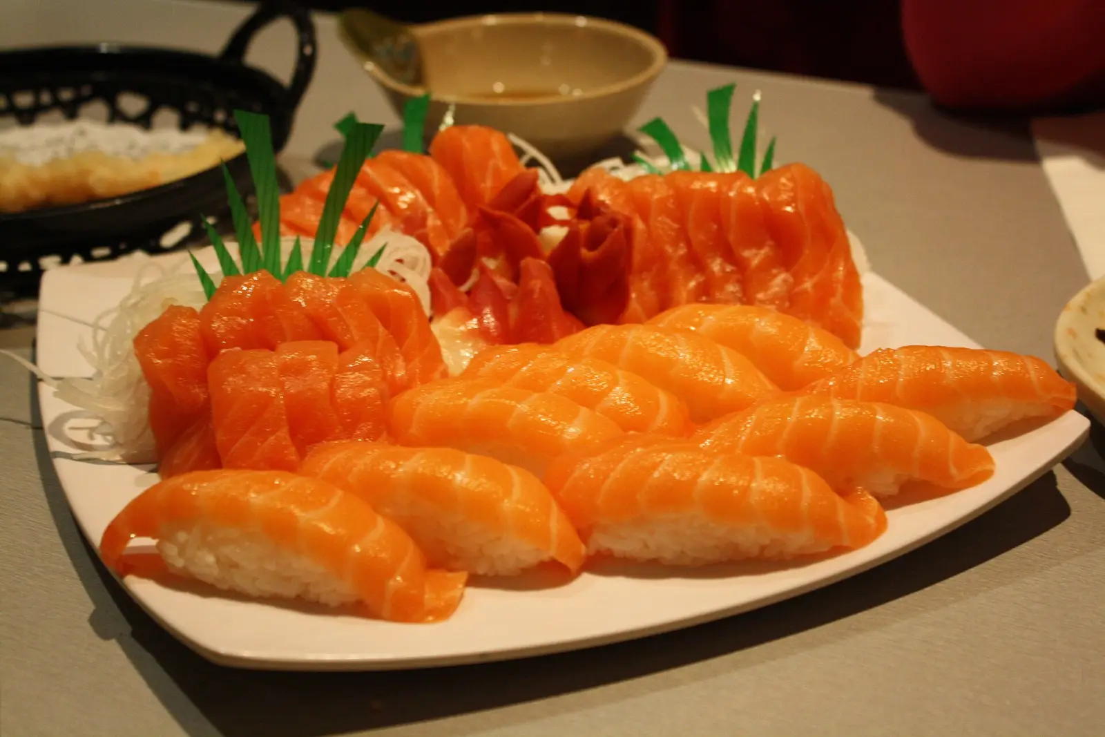 A platter of salmon sushi and sashimi. The photo was not taken at a Johns Creek restaurant.